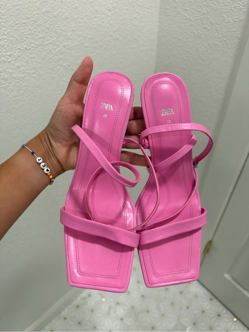 Zara Hot Pink Square-Toe Strappy Mules